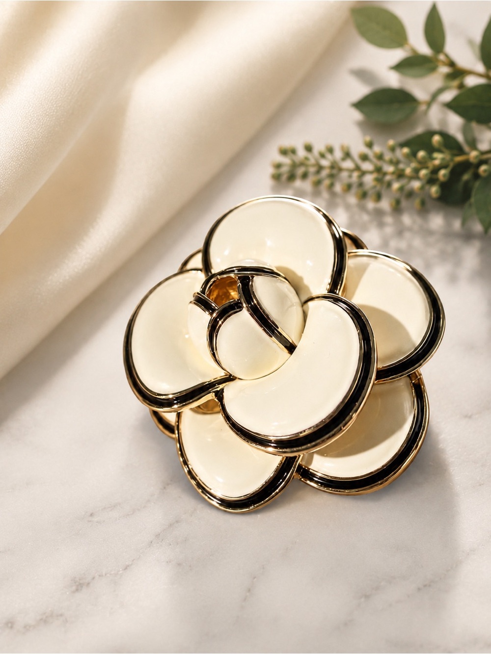 Cream Camellia enamel Flower Pin with Gold Trim and Black Accents